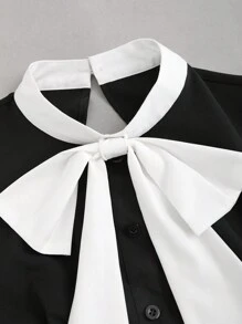 Sweetra Women's Elegant Tie Collar Long Sleeve Short Dress, Spring/Summer Fall Cloth For Women - Black and White - View 3