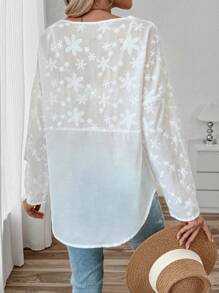 SHEIN LUNE 女士花卉印花圆领休闲宽松衬衫 - 白色 - 查看 2