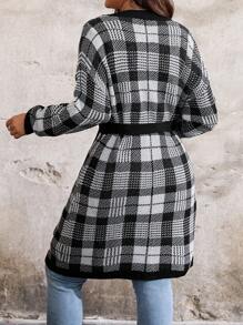SHEIN LUNE Plus Size Women Plus Size Plaid Print Tie Front Long Sleeve Cardigan Fall Cloth For Women - Black and White - View 2