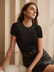 Anewsta Camiseta elegante de mujer de manga corta con detalles de rhinestone transparentes