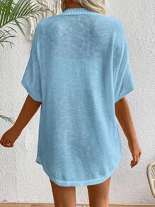 SHEIN LUNE Women's Solid Color Simple Casual Knit Cardigan - Baby Blue - View 2