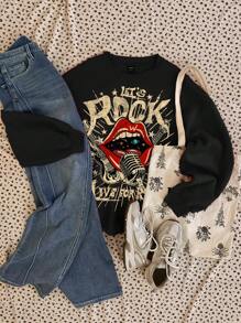 Attitoon Sudadera holgada de cuello redondo con estampado gráfico minimalista de labios vintage para mujer, apta para otoño/invierno