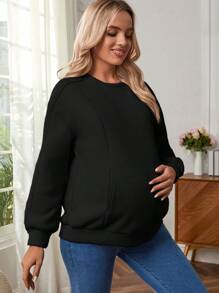 SHEIN Pregnant Women Winter Solid Round Neck Long Sleeve Pullover Fleece Nursing Sweatshirt, For Maternity