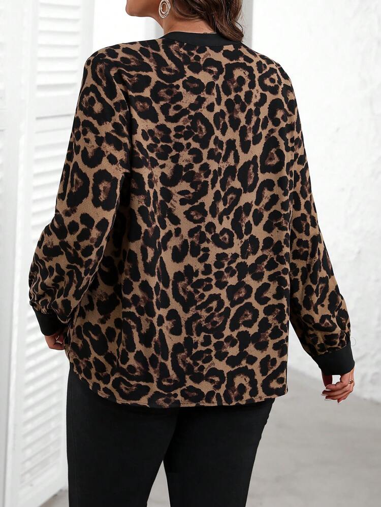 Plus Size Women's Fall V-Neck Leopard Print Long Sleeve Elegant Blouse,Summer/Spring