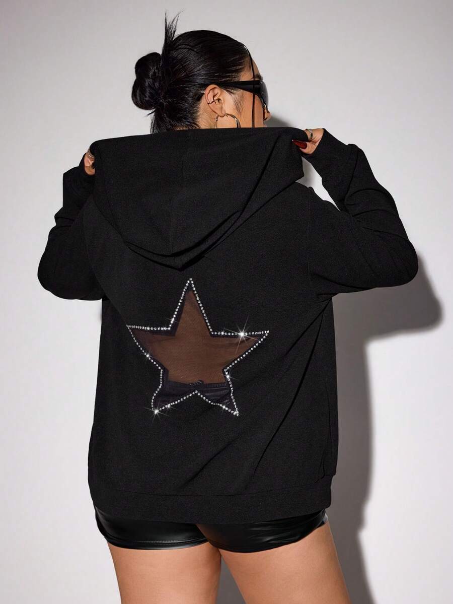 SHEIN ICON 大码女式宽松黑色卫衣，背面有星星镂空设计 - 黑色 - 查看 1