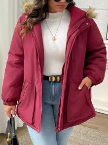 SHEIN LUNE 加大码纯色简约日常长袖加厚棉服外套冬季 - 酒紅色 - 查看 4