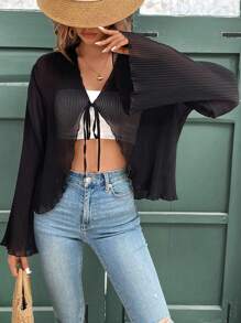 SHEIN VCAY Áo cánh đơn sắc trễ vai tay dài buộc dây phía trước thường ngày cho nữ mùa xuân và mùa hè - màu đen - Xem 6