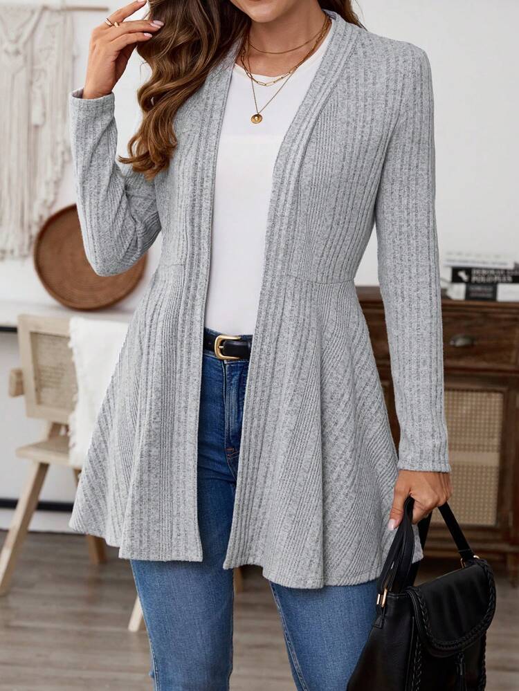 Women's Casual Solid Color Ribbed Knit Jacket, Spring & Autumn