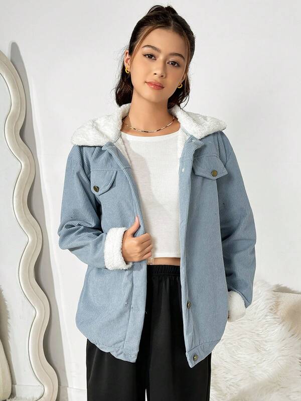 SHEIN Chaqueta casual de manga larga con botones delanteros, cuello vuelto y forro de pana para niña adolescente