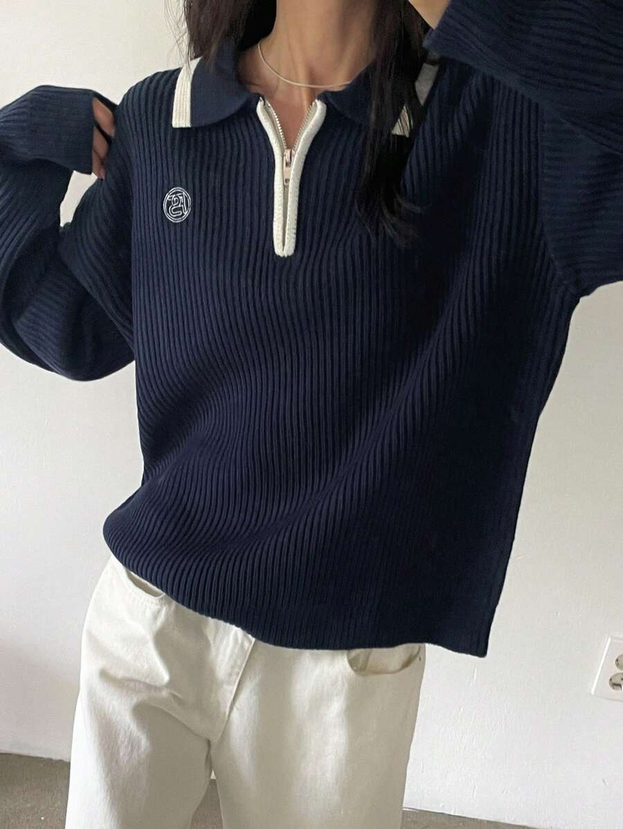DAZY Color Block Letter Embroidery Loose Long Sleeve Zip-Up Sweater For Women