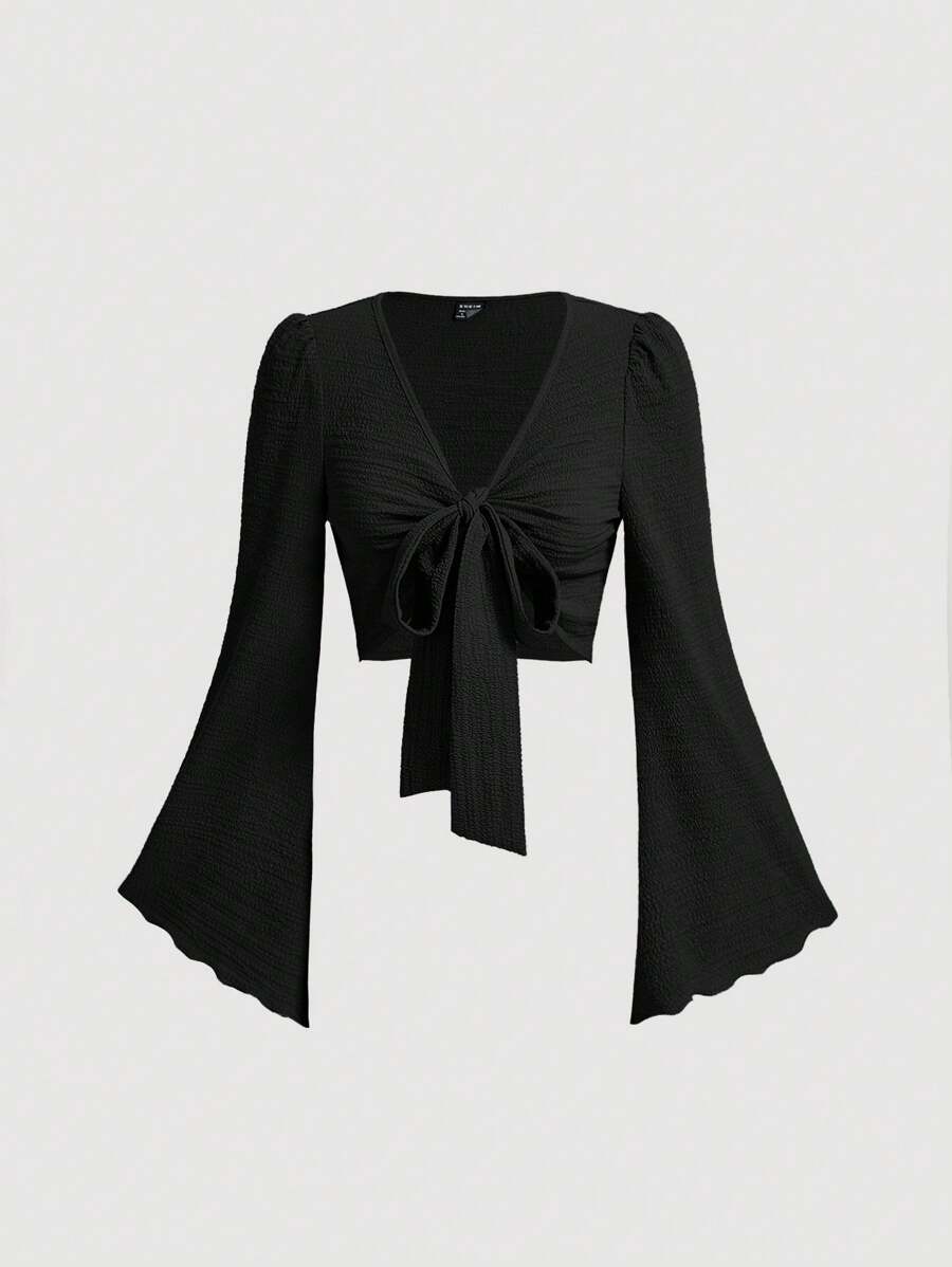 SHEIN MOD Women's Colored Knotted Bell Sleeve Top - Black - View 1