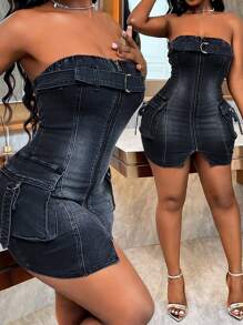 SHEIN Slayr Sleeveless Front Zipper Denim Mini Dress With Pockets, Casual & Holiday