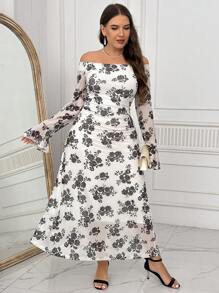 SHEIN Privé 大码优雅花卉印花露肩修腰 A 字长款绿色连衣裙 Abaya - 彩色 - 查看 1