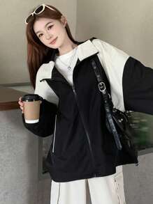 DAZY 女士秋季休闲拼色厚夹克，秋季女装 - 黑色 - 查看 1