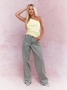 MISSGUIDED Textured Satin Asymmetric One Shoulder Backless Top One Shoulder Topasymmetrical Topyellow Top - Yellow - View 4
