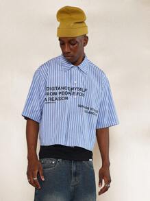 SUMWON Crop Fit Stripe Shirt With Letter Graphic Print - Blue - View 1