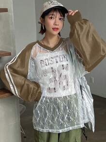 FRIFUL Women's Solid Color Patchwork Long Sleeve Striped Sheer Blouse, Casual Vacation