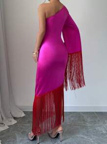 Elenzga Đầm Maxi Satin Đơn Giản Hàng Ngày Màu Trơn Cho Nữ Có Trang Trí Tua Rua - Màu Hồng Tươi - Xem 2