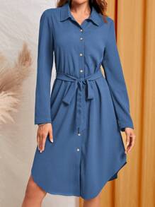 EMERY ROSE 女式纯色腰带前扣长袖连衣裙 - 霧霾藍 - 查看 1