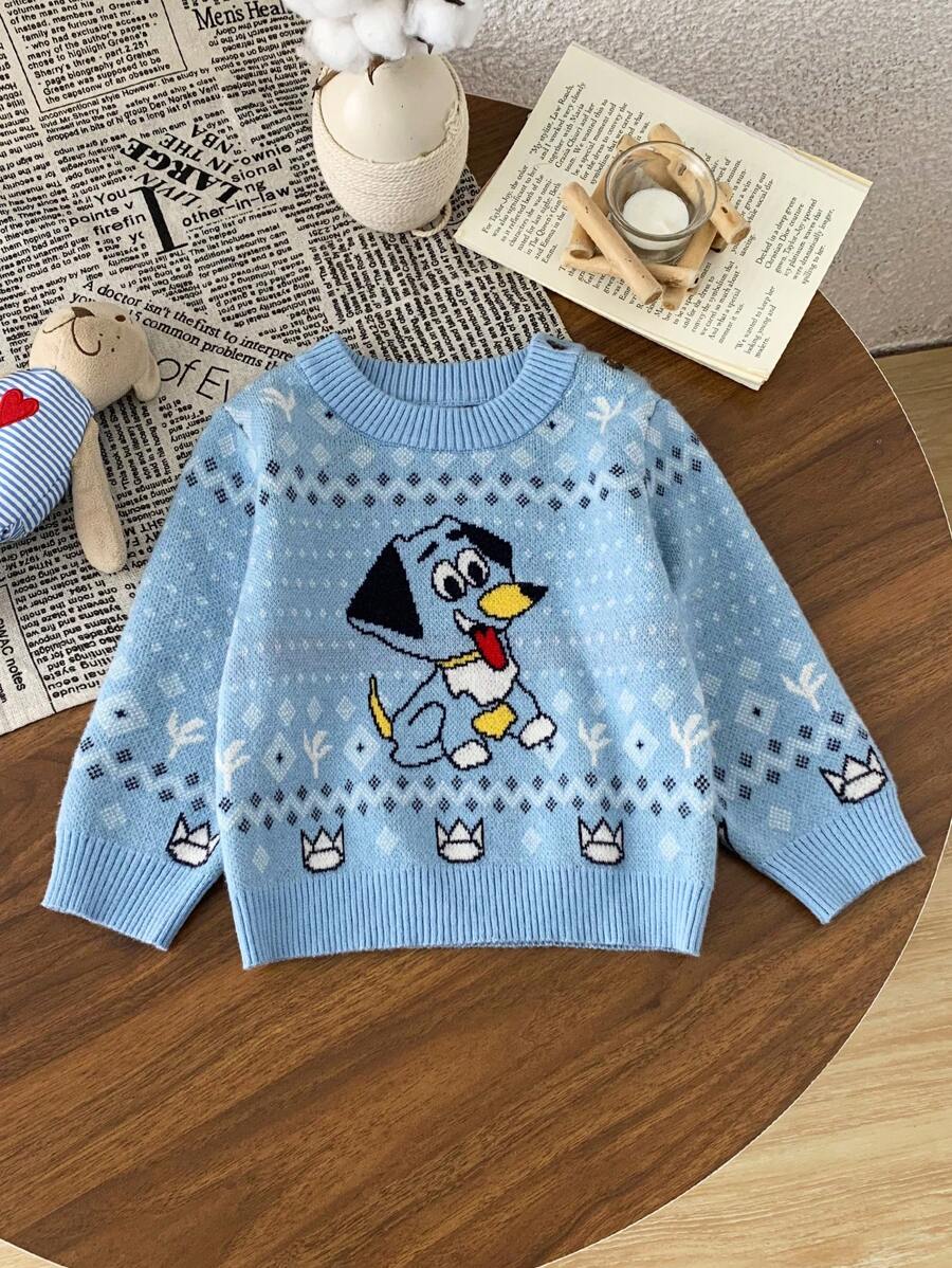 Adorables suéteres tejidos con estampado mantienen abrigados a bebés e infantes - Celeste - Ver 1