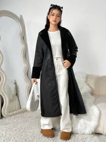 SHEIN Girl & Teen Girls Faux Suede Lined Long Jacket - Black - View 1