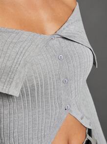 WESTFADE Cardigan tricoté côtelé avec épaules dénudées - Gris - Voir 3