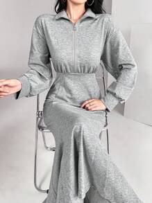 Mulvari 女士前拉链长袖褶皱简约休闲鱼尾连衣裙，度假 - 灰色 - 查看 5