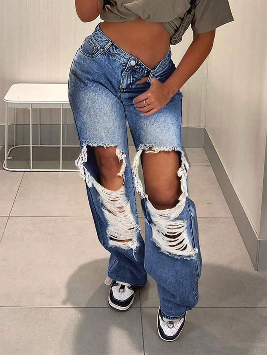 Distressed Straight Leg Jeans - Medium Wash - View 1