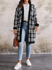 SHEIN LUNE Plus Size Women Plus Size Plaid Print Tie Front Long Sleeve Cardigan Fall Cloth For Women - Black and White - View 4