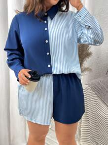 Calvaya Plus Size Women's Striped & Floral Print Color Block Long Sleeve Shorts Set, 2pcs - Blue and White - View 3