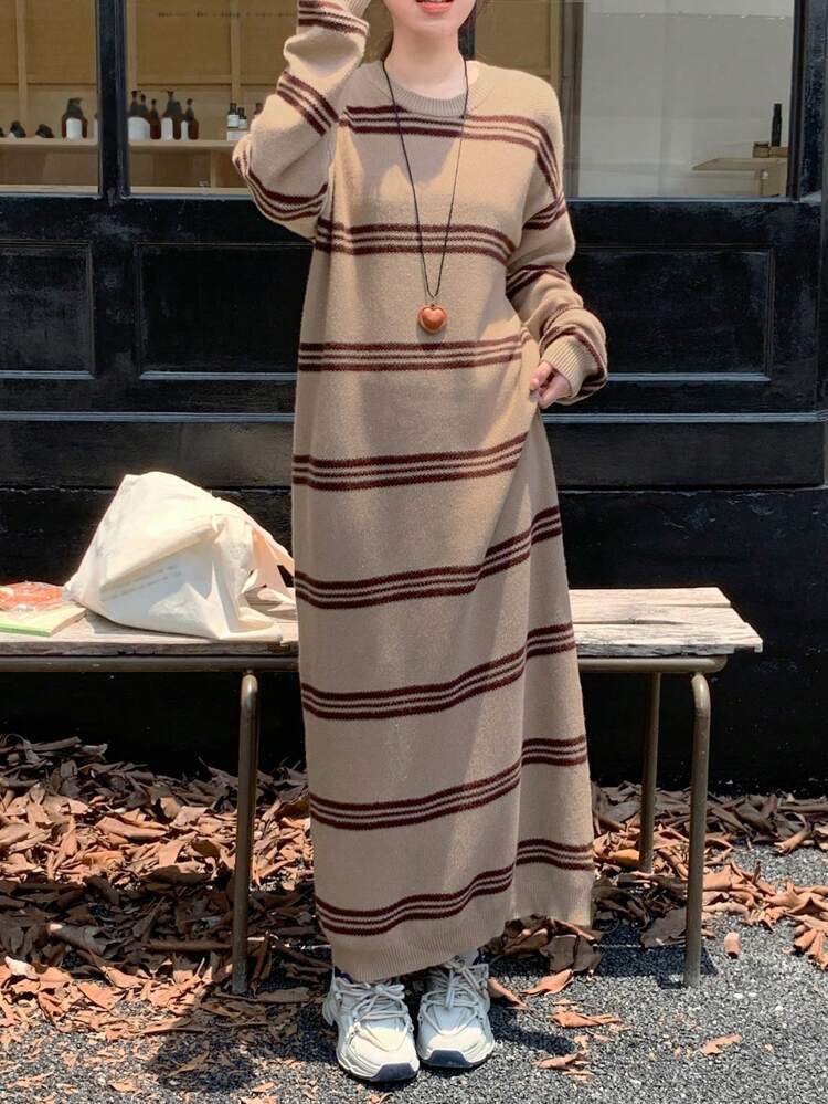 Women Crew Neck Striped Print Casual Long Sleeve Sweater Dress Fall,Winter