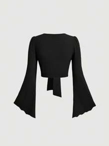 SHEIN MOD Women's Colored Knotted Bell Sleeve Top - Black - View 2