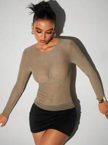 Aloruh Camiseta de mujer de cuello redondo, de manga larga, ajustada y sexy con malla de strass, camiseta ajustada