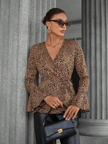 SHEIN Privé 豹纹 V 领宽松系腰设计喇叭袖女式衬衫 - 彩色 - 查看 5