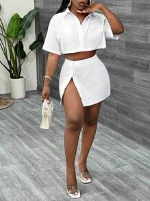 Slaydiva Casual Beach/Boho/Boho Women's Clothing/Festival Outfits For Women/Rave/Easter Outfit Women/Old Money Style Women/Country Concert Outfit/Going Out Outfits/Fairycore/Festival Outfits/Airport Outfit For Women/Western Outfits For Women/Tropical Vacation Women Clothes Shirt Collar Short Sleeve Cropped Top And Split Mini Skirt Two Pieces Set - F - White - View 4
