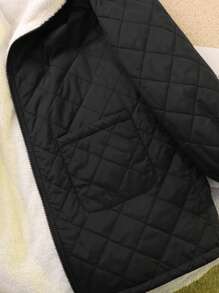 SHEIN Teen Girls Black Solid Color Contrast Hooded Fleece Jacket With Pockets,In Fall/Winter - Black - View 6