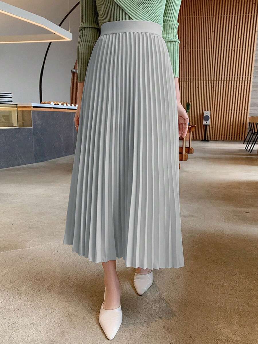 DAZY Solid Color Pleated A-Line Long Elegant Skirt For Women - Baby Blue - View 1
