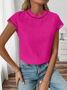 Breezaya Women's Summer Solid Color Hollow Round Neck Cap Sleeve Blouse - Hot Pink - View 6