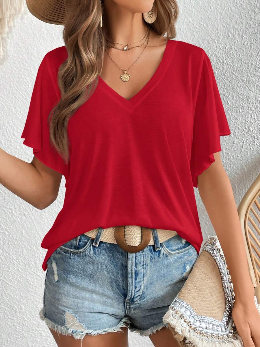EMERY ROSE Camiseta casual de mujer de verano de unicolor, cuello en V, manga corta con volantes - Rosa Roja - Ver 1
