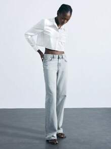 Maija 女士水钻装饰短款长袖口袋前扣休闲衬衫、上衣 - 白色 - 查看 2