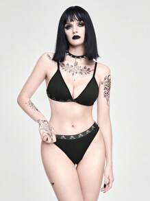 ROMWE Gothic Skeleton Textured Knit Wireless Bra Set For Women - Black - View 5