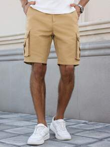 Manfinity Homme Pantalones cortos de bolsillo sencillos de unicolor para hombres, de uso diario - Caqui - Ver 5