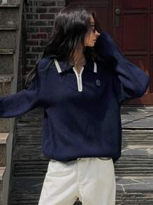 DAZY Color Block Letter Embroidery Loose Long Sleeve Zip-Up Sweater For Women