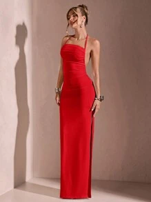 SHEIN BAE Women's Romantic Backless High Slit Halter Ruffle Wrap Vacation Dress For Summer - Red - View 3