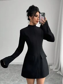 Selianne Damen Kleid mit stehendem Kragen, Langarm, falsche Tasche, schlicht, kurz, elegant - Schwarz - Übersicht 6