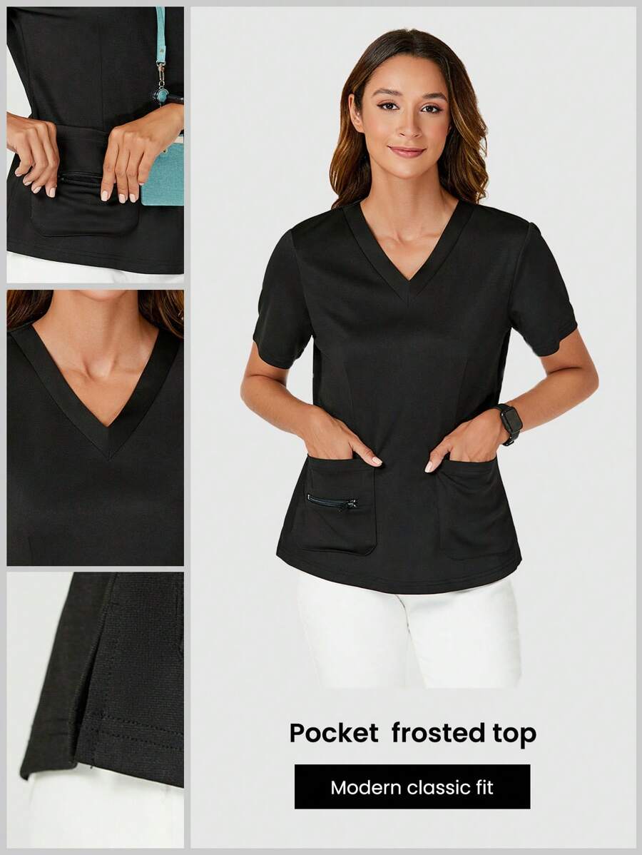 TaskEZ 纯色 V 领短袖口袋制服手术服上衣 - 黑色 - 查看 1
