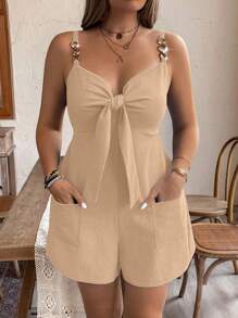 Breezaya Plus Size Women's Summer Solid Color Front Knot Casual Romper