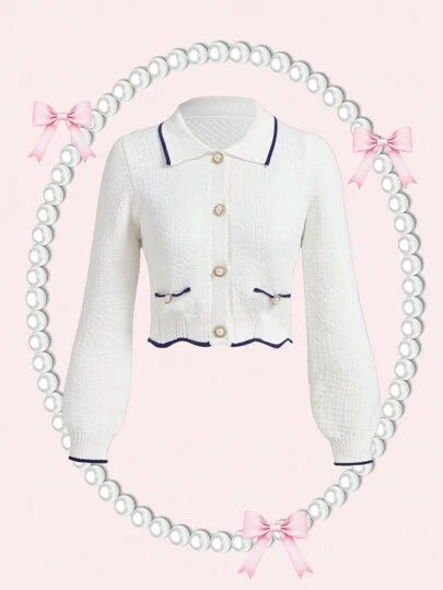 SHEIN MOD Spring & Autumn Casual Contrast Trim Lapel Long Sleeve Button-Down Cardigan,Back To School Fall Sweaters,Elegant Long Sleeve Swomen Sweaters,Tea Party Sweaters