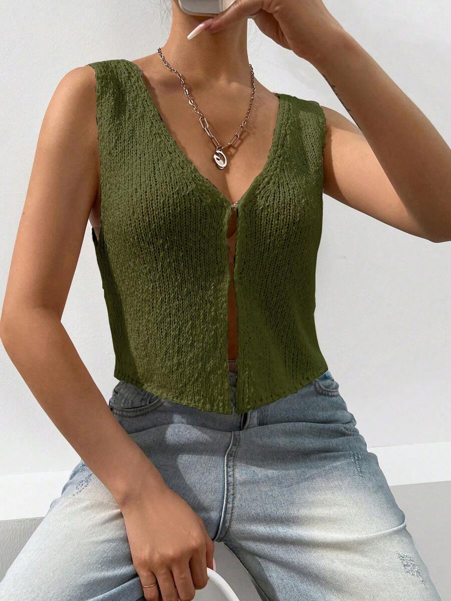 EgrlEra Women's Solid Color Casual Sleeveless Open Front Knit Top, Summer - Army Green - View 1
