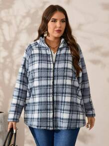 EMERY ROSE Plus Size Women's Plaid Raglan Sleeve Fleece Casual Fuzzy Jacket, Autumn Winter